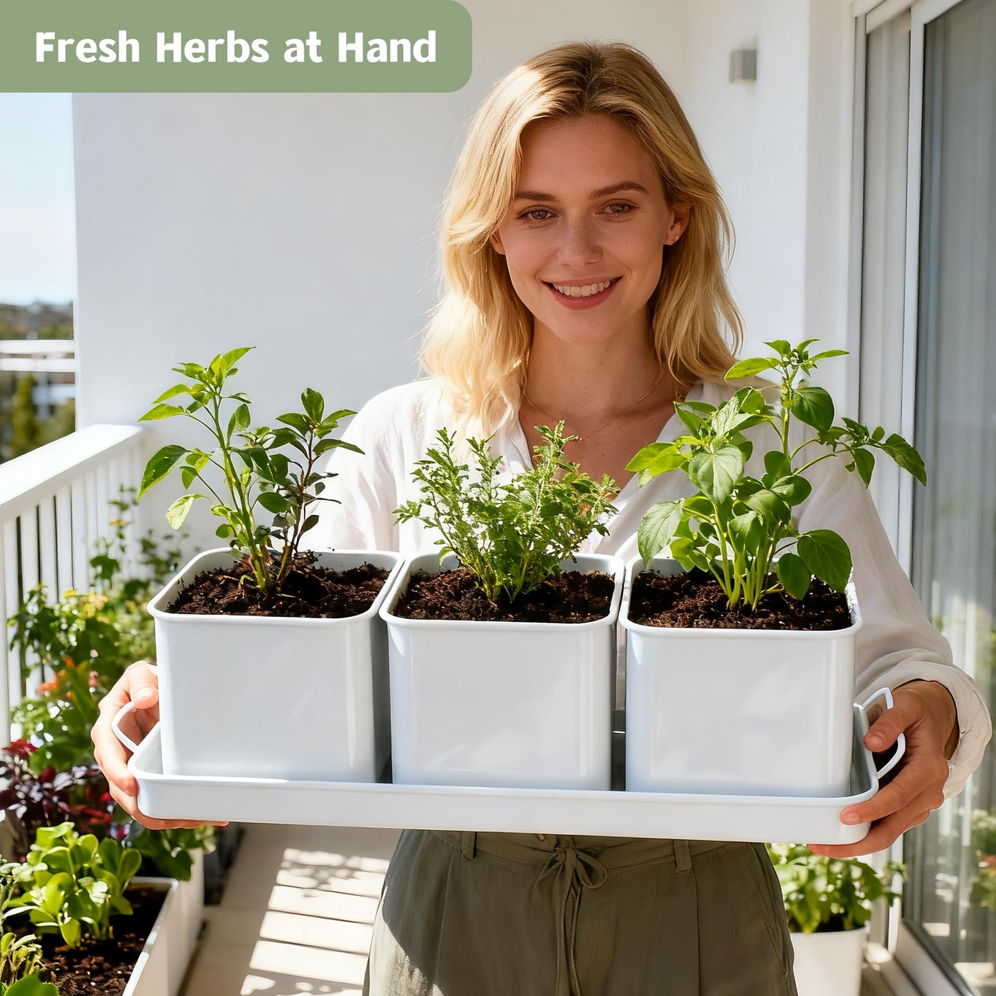 Indoor Herb Garden, Herb Planter Set with Handled Tray, 3 Iron Indoor Plant Pots with Drainage Holes, Windowsill Planter with Customizable Labels, Marker Pen, 10 Plant Labels, Window Pots, White