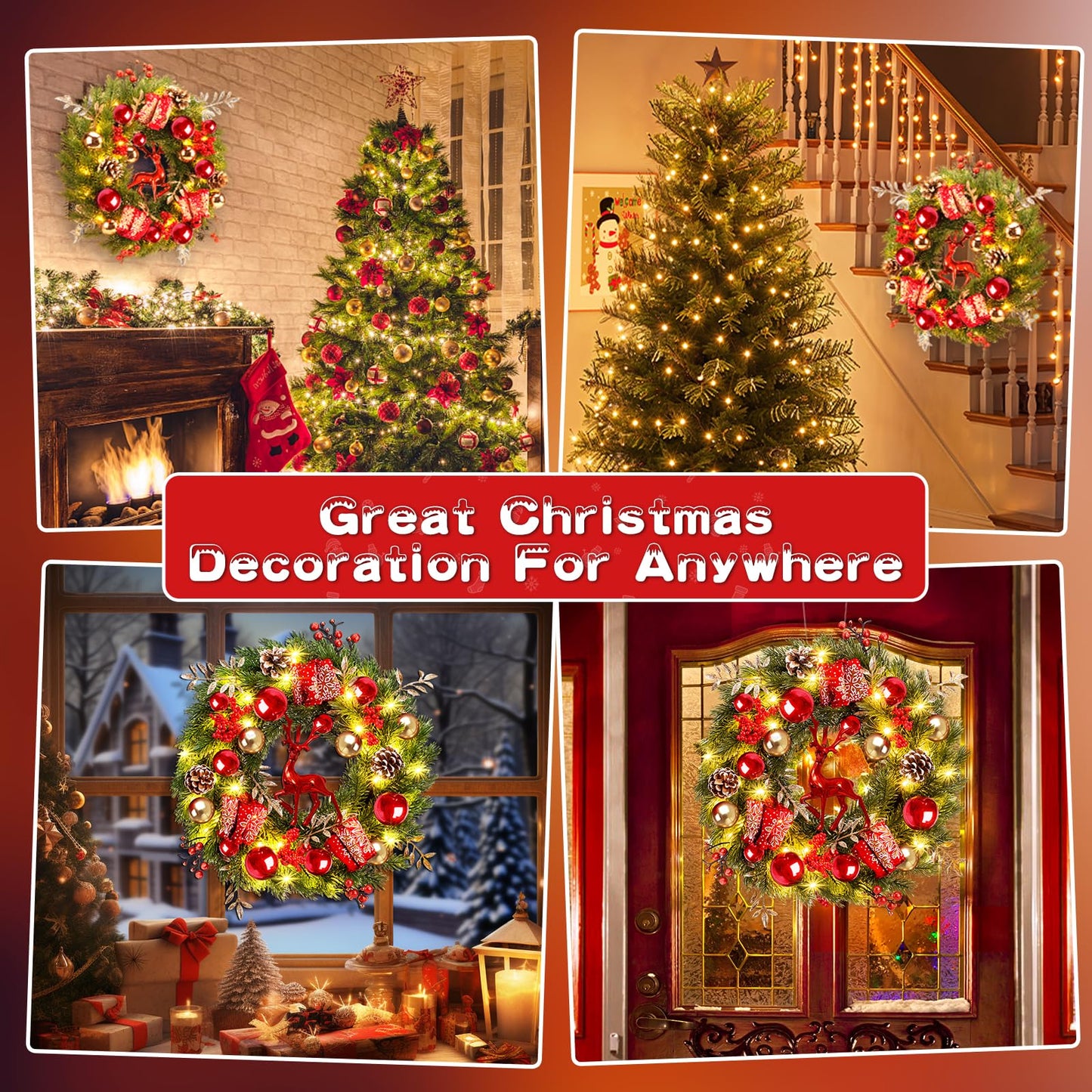 Quntis Lighted Christmas Wreath Front Door - 16'' Reindeer Winter Wreath with 8 Modes Timer, Red Gold Balls, Snowflakes, Pine Cones, Berries for Indoor Outdoor Holiday Windows Fireplace Mantel Porch