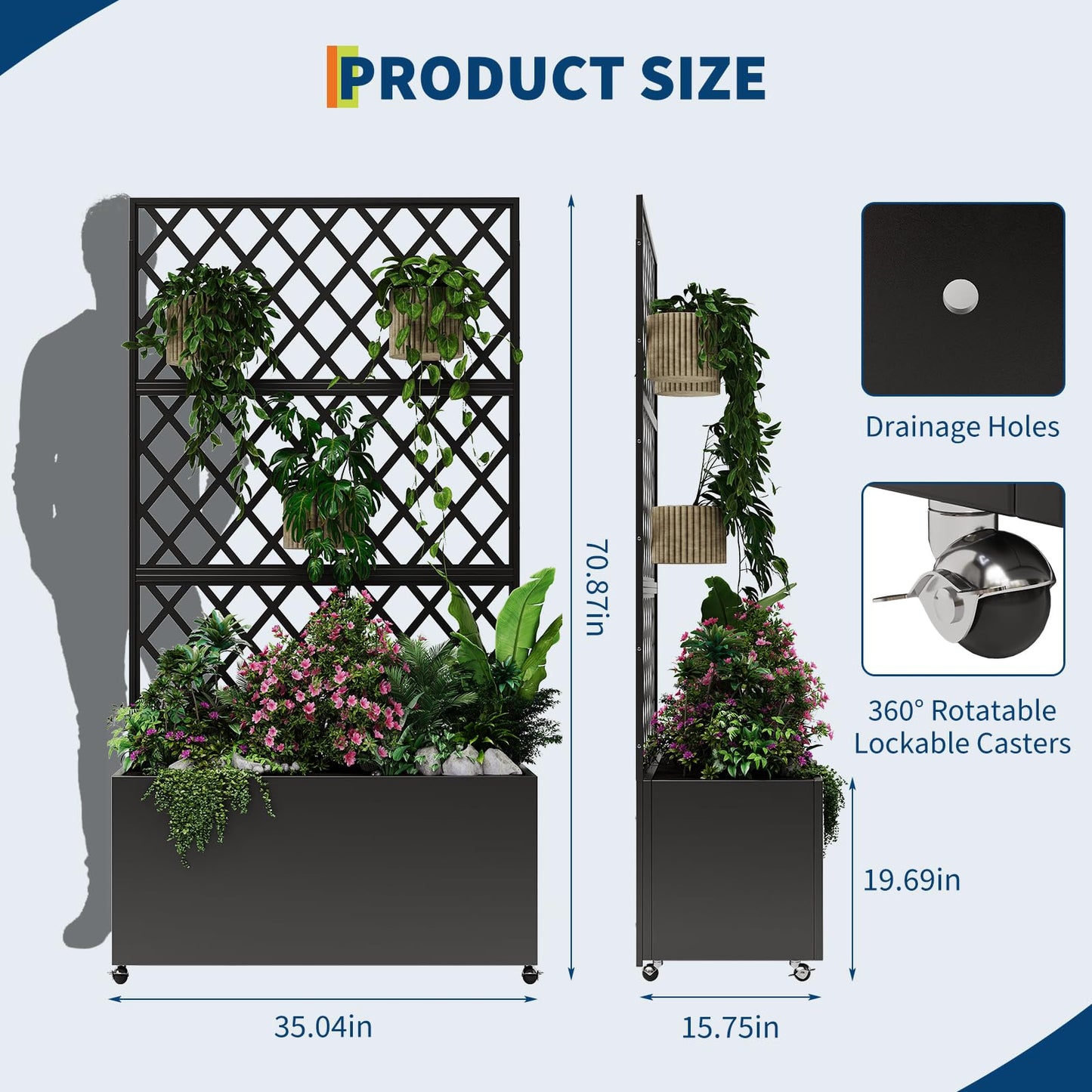 MERXENG Galvanized Steel Raised Garden Bed with Trellis, 71"X35"X16" 3-in-1 Planter Box w/Lockable Wheels & Drainage Holes, Privacy Screen for Patio, Deck, Yard