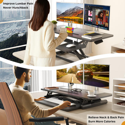 JOY worker Standing Desk Converter, 35" Wide Height Adjustable Sit Stand Up Desk Riser with Keyboard Tray, Desktop Workstation Riser for Home Office Computer Laptop, Particle Board, Black