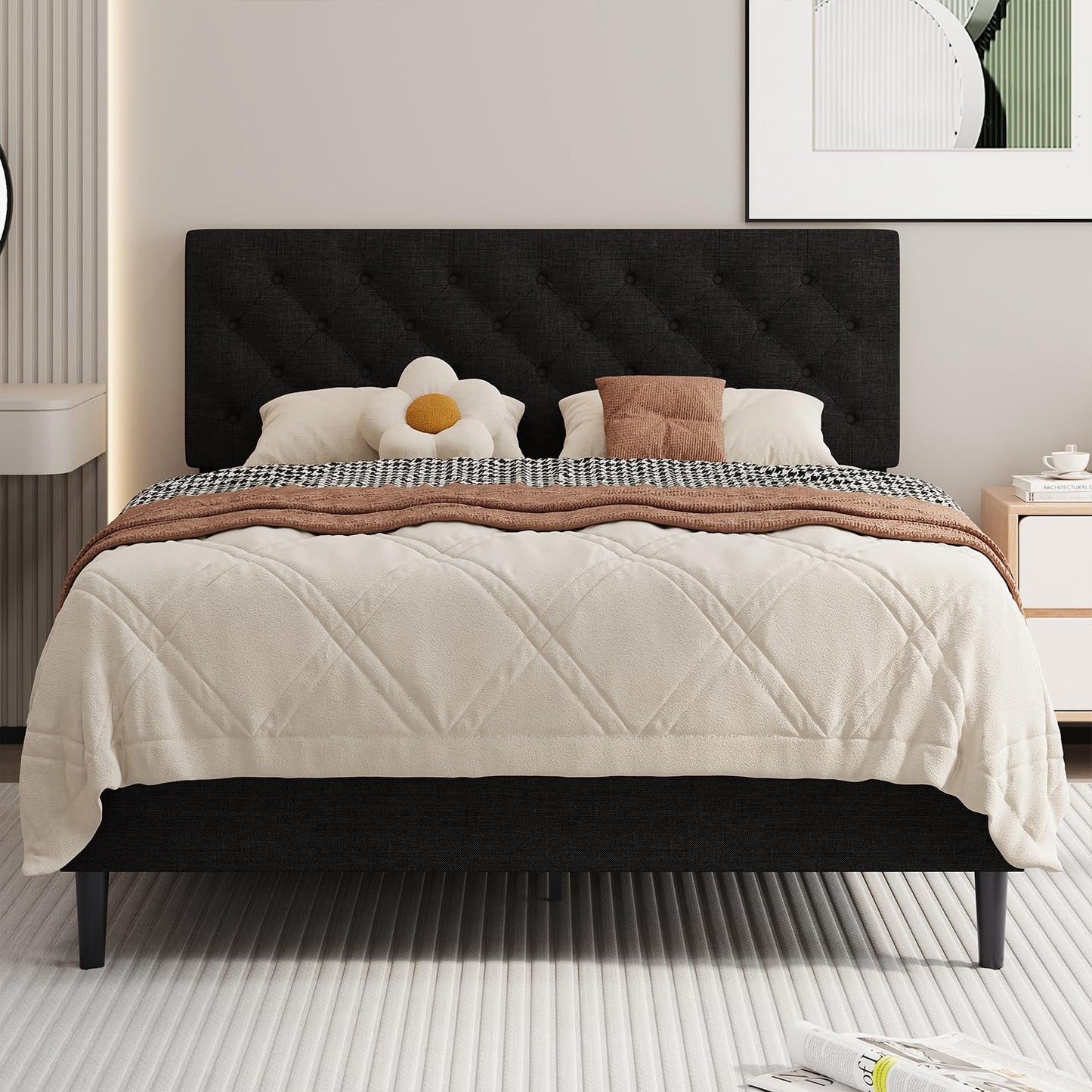 BarnFurin Full Bed Frame, Upholstered Platform Bed with Button Tufted Headboard, Fabric Bed Frame with Wooden Slats Support, No Box Spring Required, Easy Assembly, Black