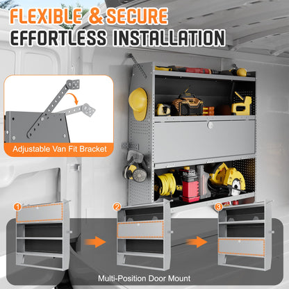 Cargo Van Shelving with Lockable Door Kits,Fit Transit, Nv, Promaster,Sprinter Mid/High Roof,Adjustable Heavy-Duty Steel Van Shelving Storage System W/Hooks & Ropes,52" W X 60" H X 13" D