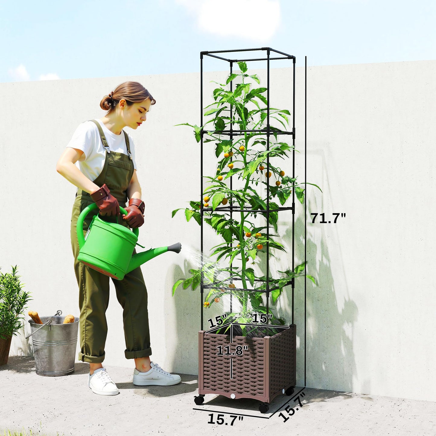Outsunny Raised Garden Bed with Trellis, 71.7" Tomato Cage with Lockable Wheels, Self Watering Outdoor Planter Box with Drainage Holes and Plugs for Climbing Plants, Vines, Vegetables, Flowers, Brown