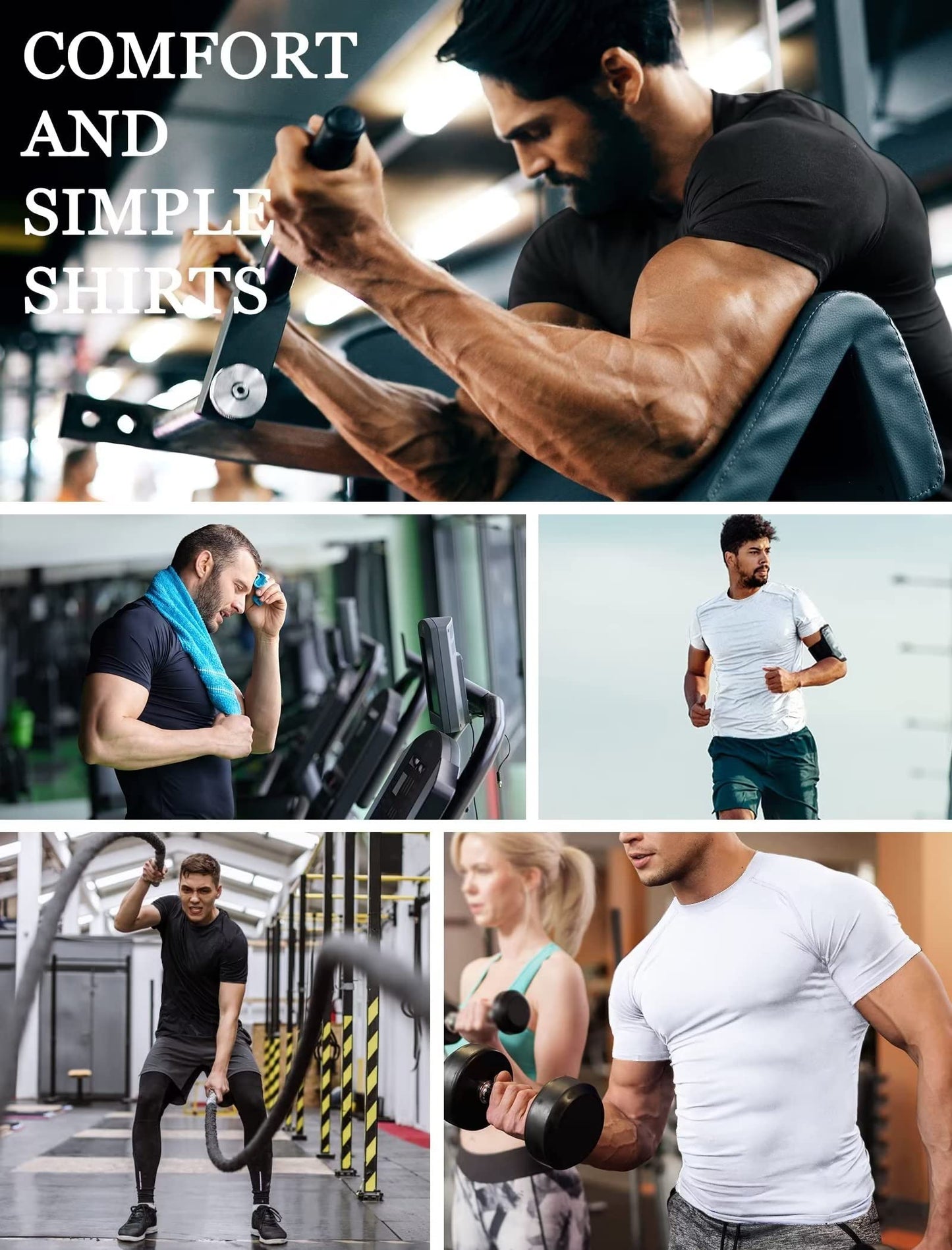 TELALEO 6 Pack Men's Compression Shirt Short Sleeve Athletic Baselayer Sports T Shirts Workout Tops for Men Black White L