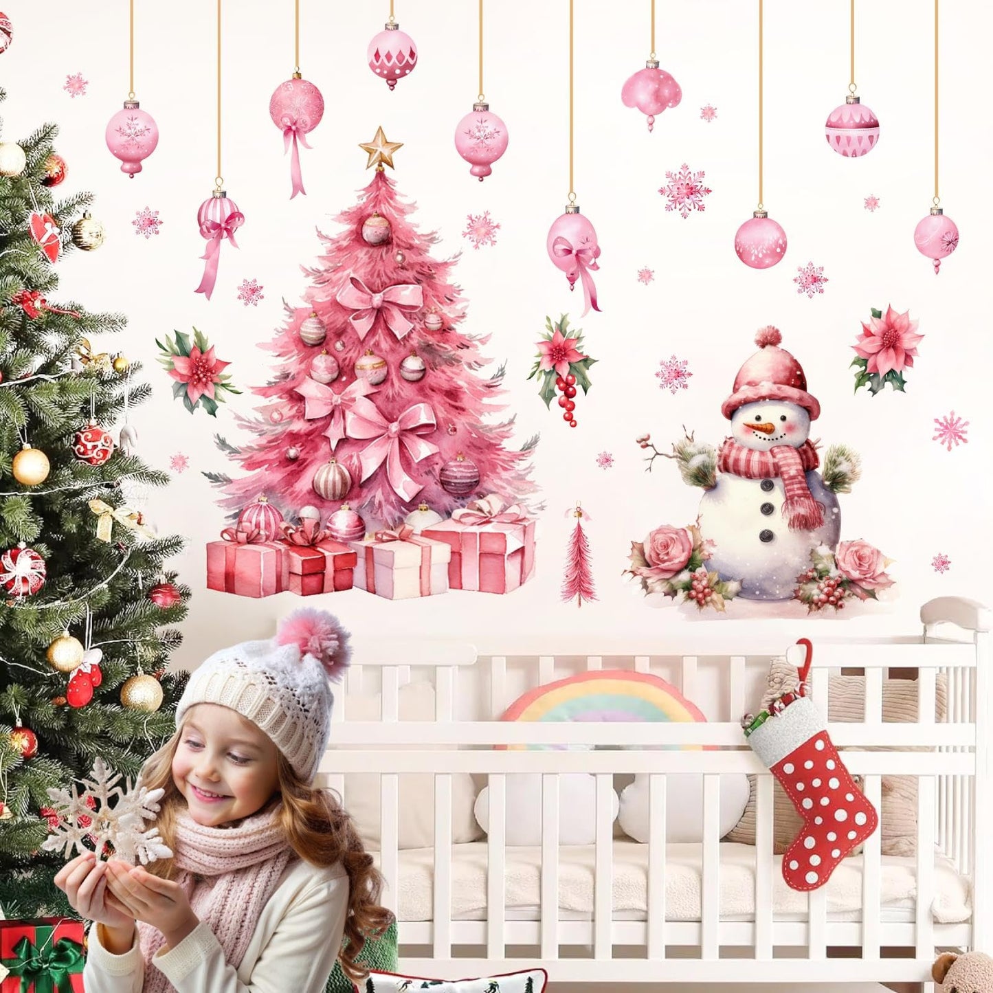 Large Pink Christmas Tree Wall Stickers Christmas Wall Decals Peel and Stick Snowman Stickers for Christmas Home Decor Indoor Hanging Ball Snowflake Art Murals for Living Room Xmas Party Supplies