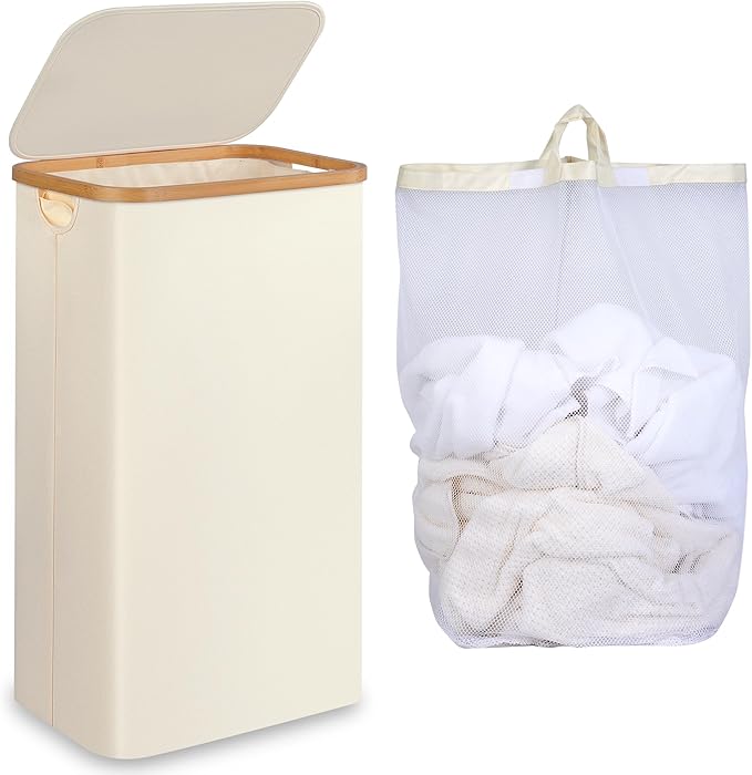 Slim Laundry Hamper, 75L Beige Narrow Laundry Basket