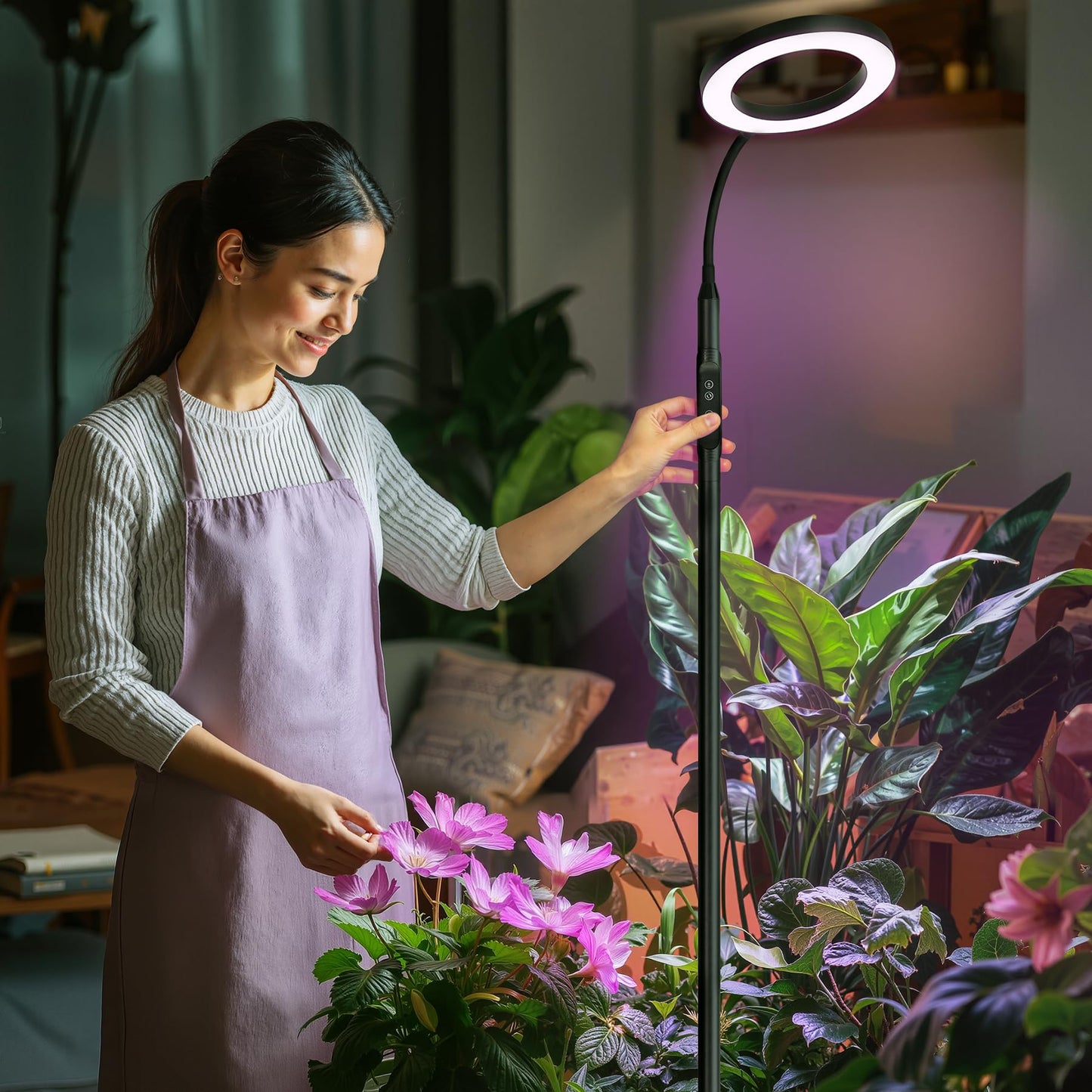Vsoke 20W Indoor Plant Grow Light with Embedded Controller, Red Blue Warm Full Spectrum 95 LED Bulbs, Adjustable Height,Auto Timer,Dimmable Halo Growing Stand Lmap for Tall Large Small Plant Growth