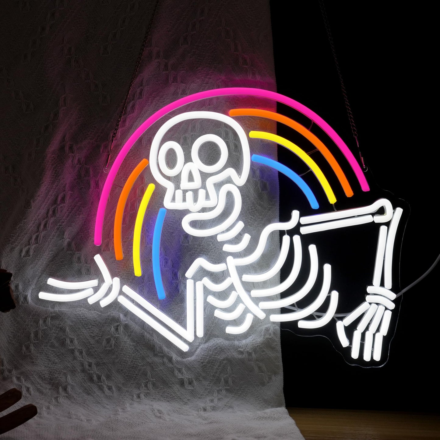 JLEWUINH Rainbow Skeleton Halloween Neon Sign Welcoming Skull Led Neon Light Colorful Rainbow Light Up Sign for Halloween Party Christmas Bedroom Man Cave Game Room(16.5 * 12.5in)