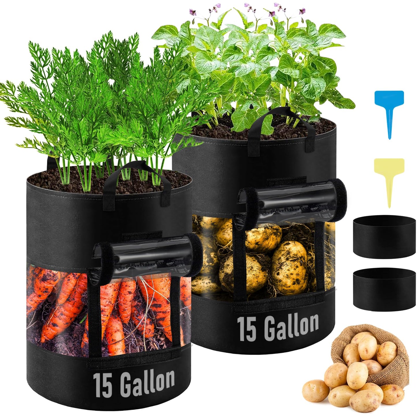 2 Pack 15 Gallon 360°Visible Potato Grow Bags,Heavy Duty Thickened Nonwoven Fabric Planter Bags with 2 Clear Harvest Windows&Removable Shading Cover,Reinforced Handles,Vegetable Grow Bags with Labels