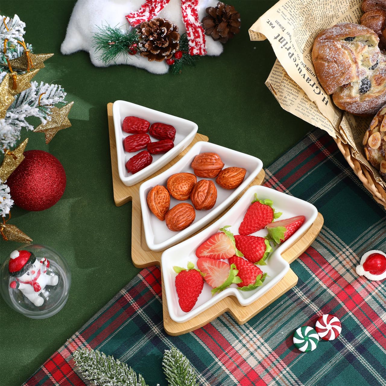 DOITOOL Christmas Serving Dish Ceramic Christmas Tree Platter with Wooden Base Xmas Serving Tray for Appetizer Candy Dessert Nuts Fruit Snack 10.6 x 7.5 Inch