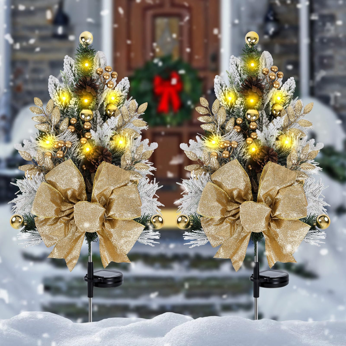 2 Pack Gold Outdoor Pathway Christmas Tree Urn Filler Solar Waterproof Cemetery Xmas Tree Faux Pine Cones Gold Christmas Ball Berry Pathway Light Ornament Stakes for Yard Garden Lawn Walkway Cemetery