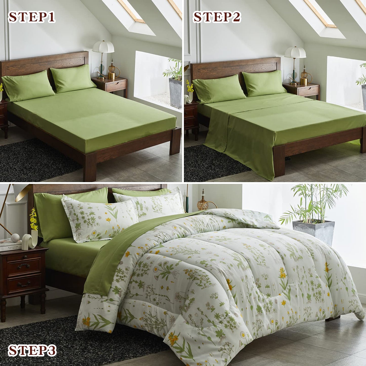 Joyreap 6 Piece Bed in a Bag Twin, Green Leaves Yellow Flower Botanical Design, Smooth Soft Microfiber Comforter Set (1 Comforter, 2 Pillow Shams, 1 Flat Sheet, 1 Fitted Sheet, 1 Pillowcase)
