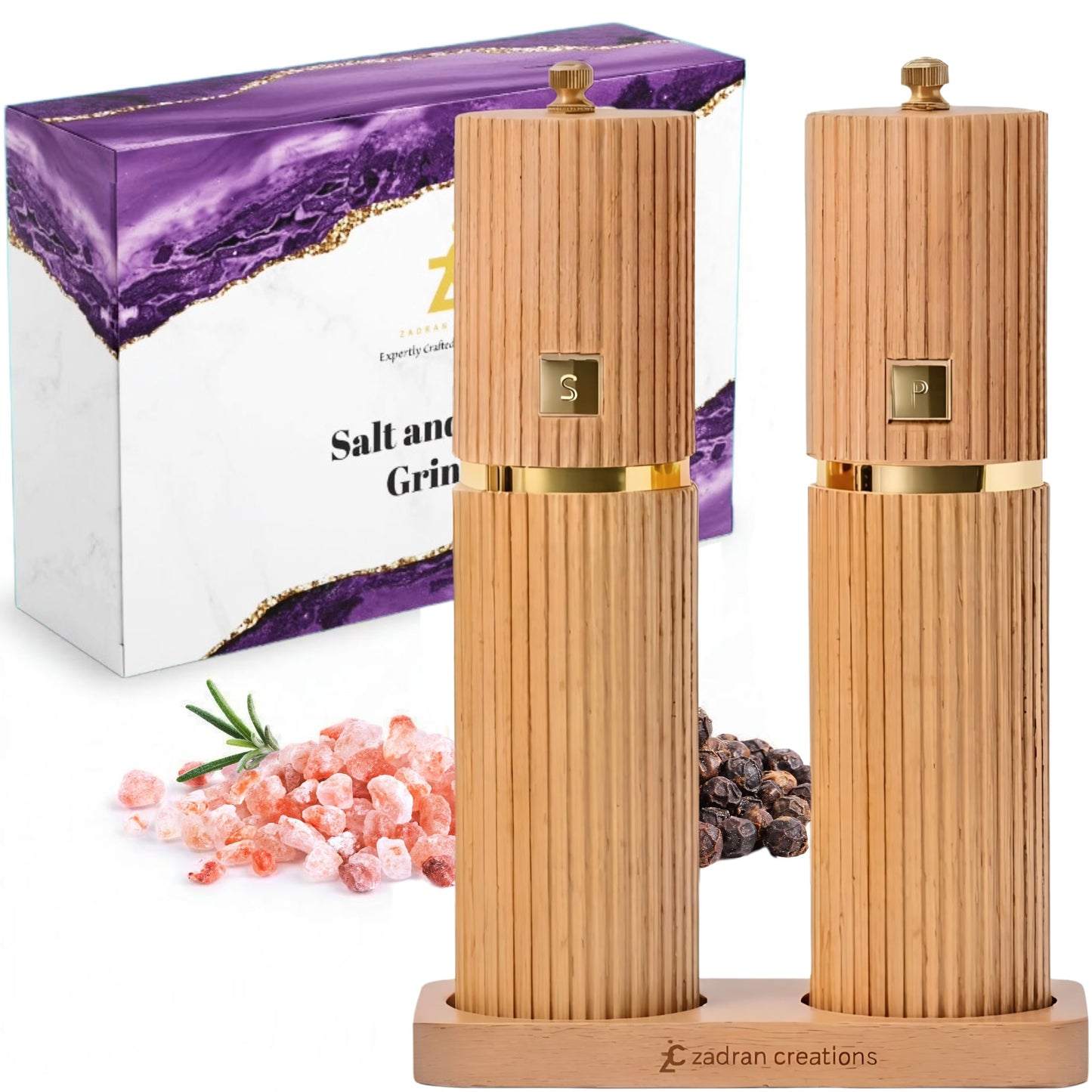 Wooden Salt and Pepper Grinder Set – Refillable Beechwood Salt & Pepper Mills with Gold Accents, Adjustable Ceramic Mill, Matching Wood Stand – Premium Kitchen Gift Set