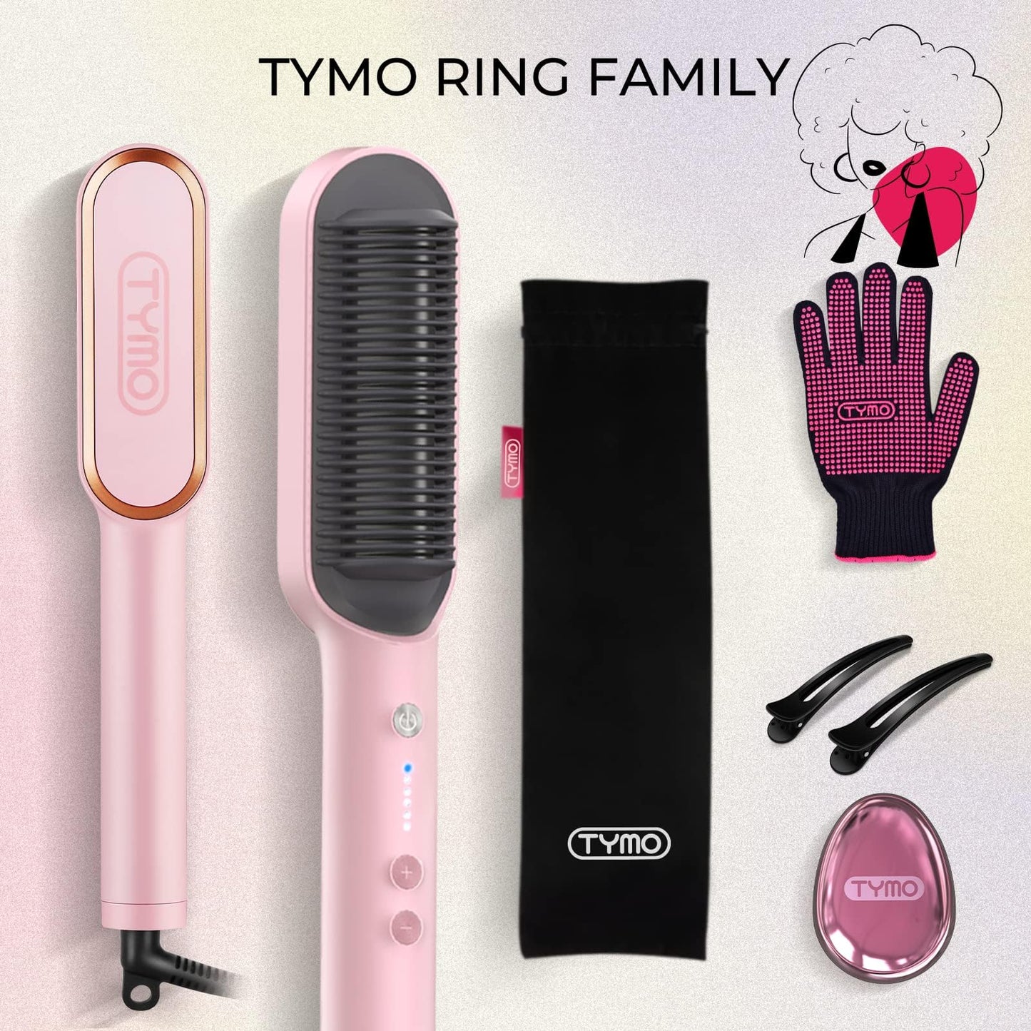 Hair Straightener Brush, TYMO Ring Hair Straightener Comb Straightening Brush for Women with 5 Temps 20s Fast Heating & Dual Voltage, Black