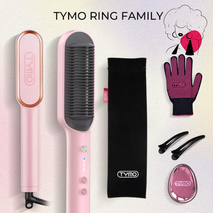Hair Straightener Brush, TYMO Ring Hair Straightener Comb Straightening Brush for Women with 5 Temps 20s Fast Heating & Dual Voltage, Black