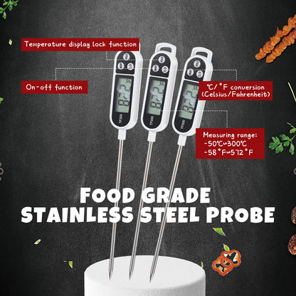 6 Pcs Instant Read Meat Thermometer with Long Probe 9.65 Inch Kitchen Cooking Food Candy Waterproof Digital Thermometer for BBQ Water Milk Yogurt Liquid (Round&Square Ring,Black,White,Red)