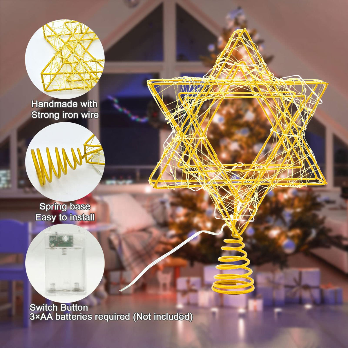 11 Inch Christmas Tree Star Topper 3AA Battery Powered Christmas Tree Topper Lighted, Gold Iron Christmas Tree Star Topper with 20LED Lights, for Christmas, Party & Home(Warm Light)