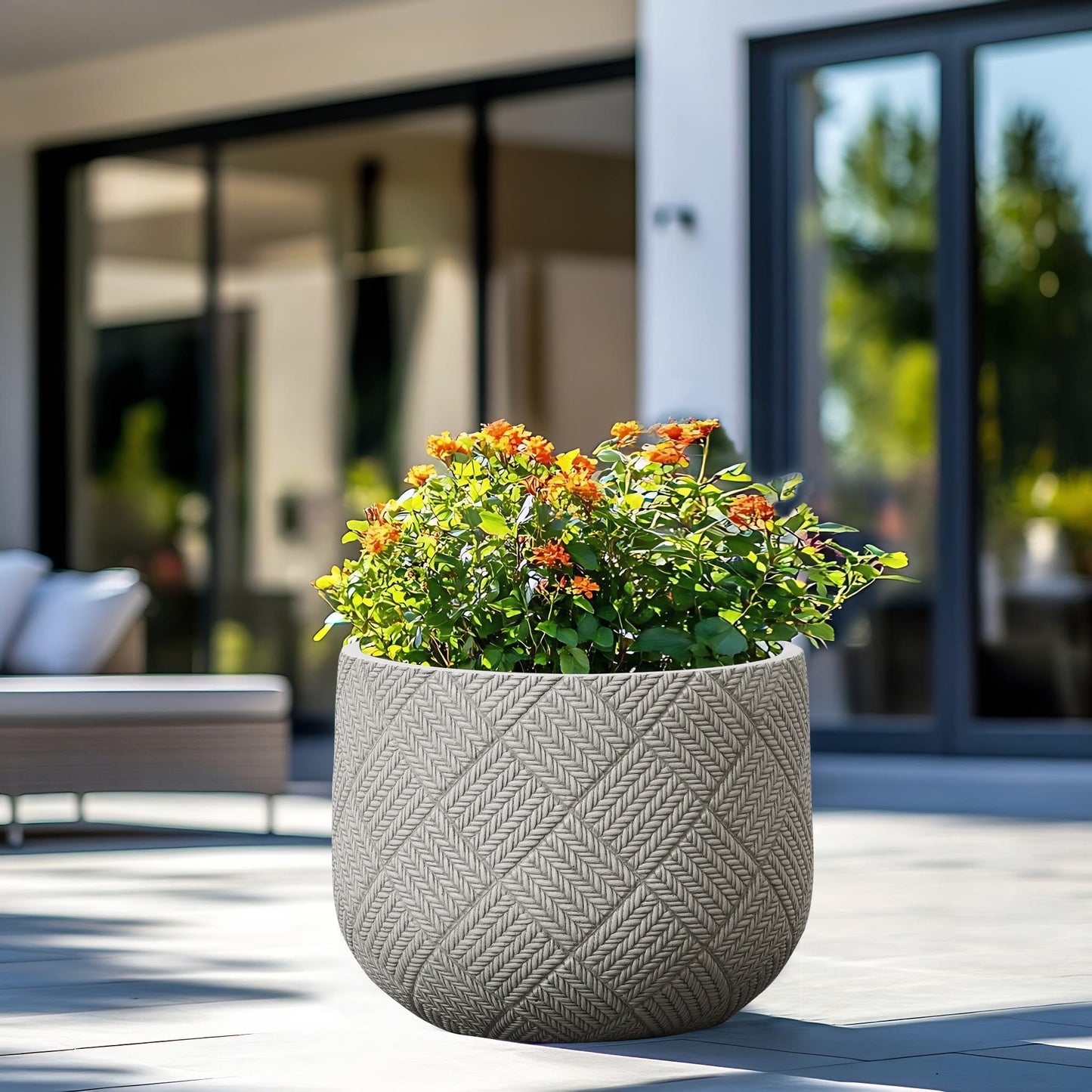 LuxenHome 14-Inch Dia Round Concrete Planters, Large Outdoor Indoor Decorative Plant Pots with Drainage Holes and Rubber Plug, Modern Gray Glen Woven Pattern Flower Pot Planters for Home Garden Patio