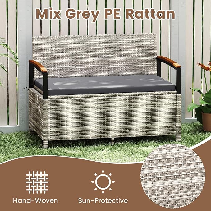Tangkula 46 Gallon Outdoor Bench with Storage, Outdoor PE Rattan Storage Bench with Cushion, Backrest & Acacia Wood Armrests, Metal Frame, Waterproof Deck Box Seat for Porch Backyard Poolside