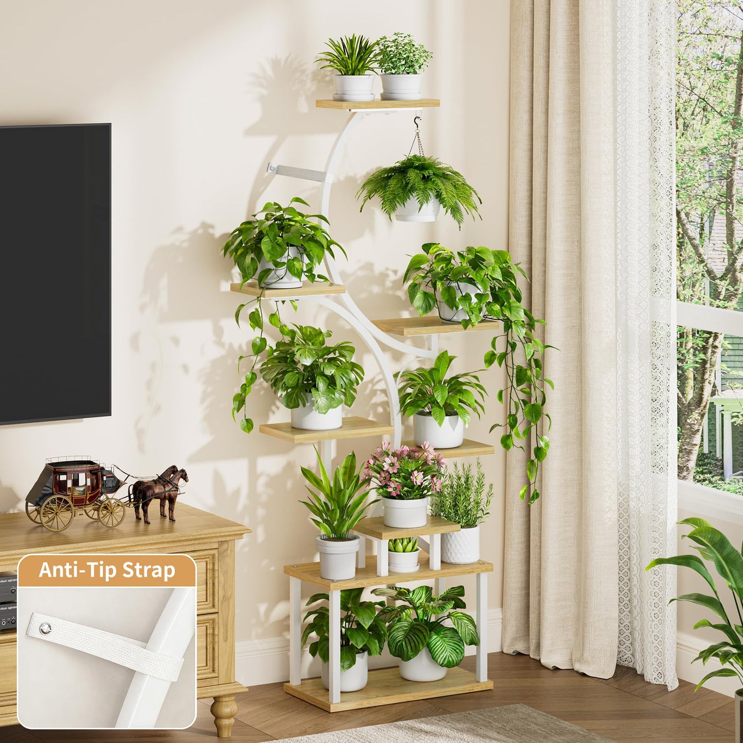 Plant Stand Indoor with Grow Lights - 62" Tall Plant Shelf, Lighted Corner Plant Stands for Indoor Growing, 8 Tiered Large Flower Holder, S-Shaped Plants Rack for Living Room, Patent Design, Natural