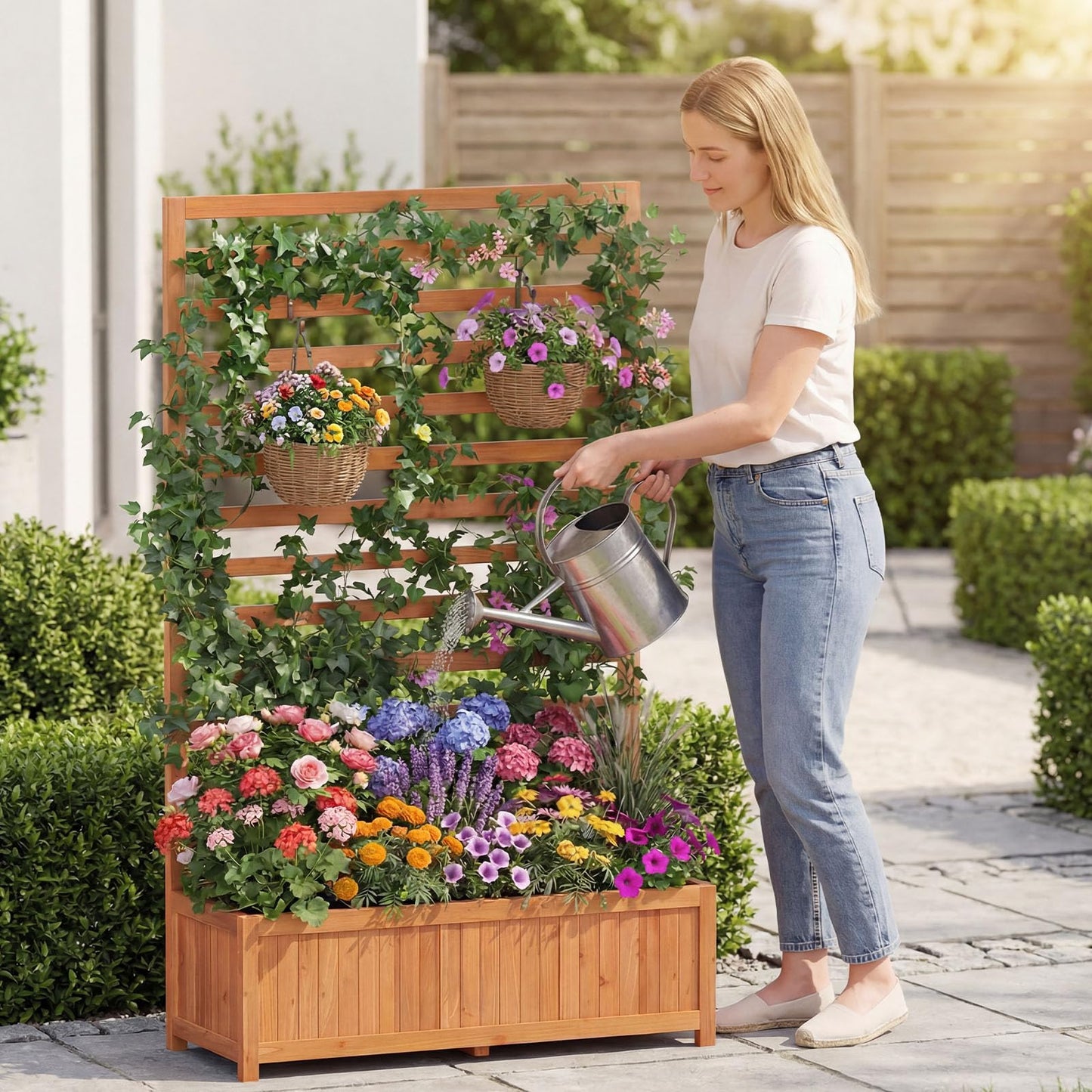 Giantex Set of 2 Raised Garden Bed with Trellis, 59” Tall Planter Box with Liner, Drainage Gaps for Climbing Vine Vegetable Flower, Indoor Outdoor Freestanding Privacy Screen for Porch Patio Yard