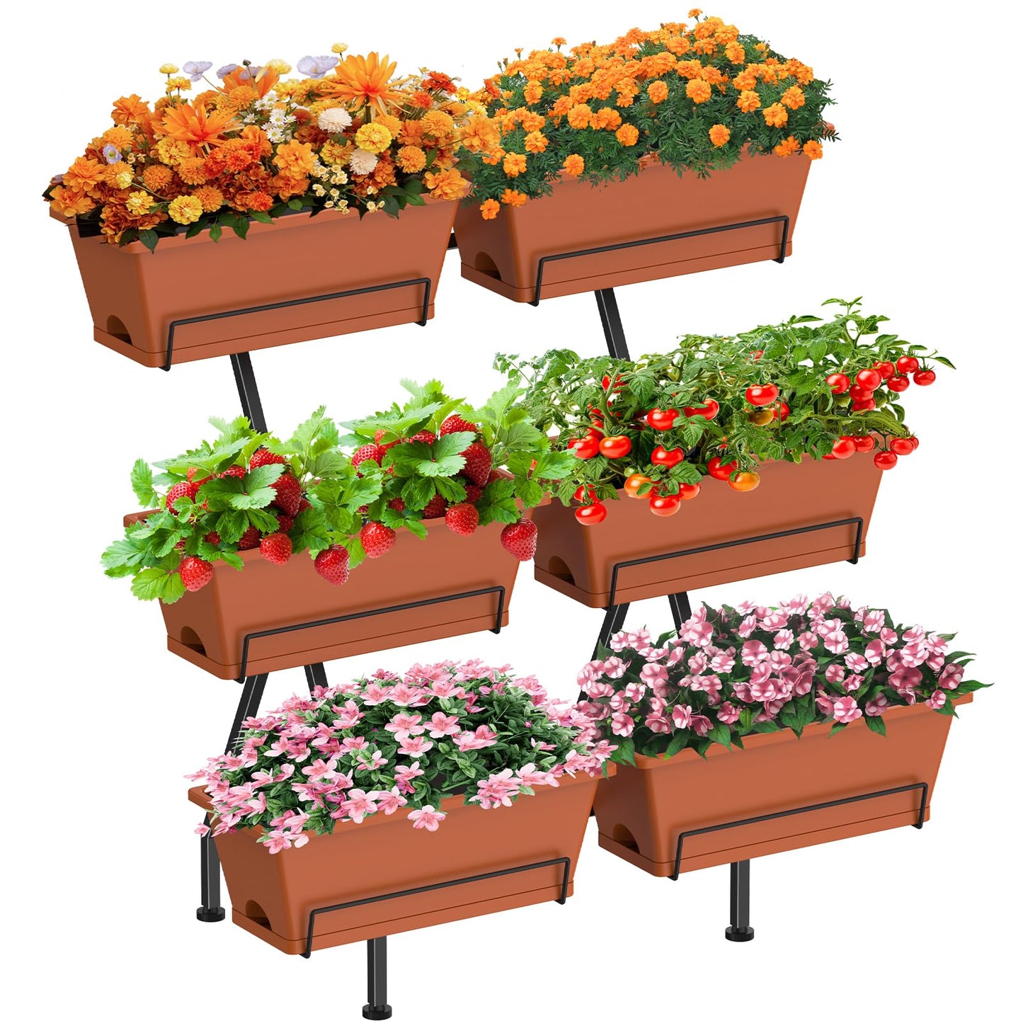 Sunexinlo 3-Tier Vertical Garden Planter with 6 Boxes, 31" Tall Raised Garden Bed with Adjustable Feet for Herbs, Flowers, Vegetables, Ideal for Indoor, Outdoor, Patio, Balcony, Deck Use, Brick Red