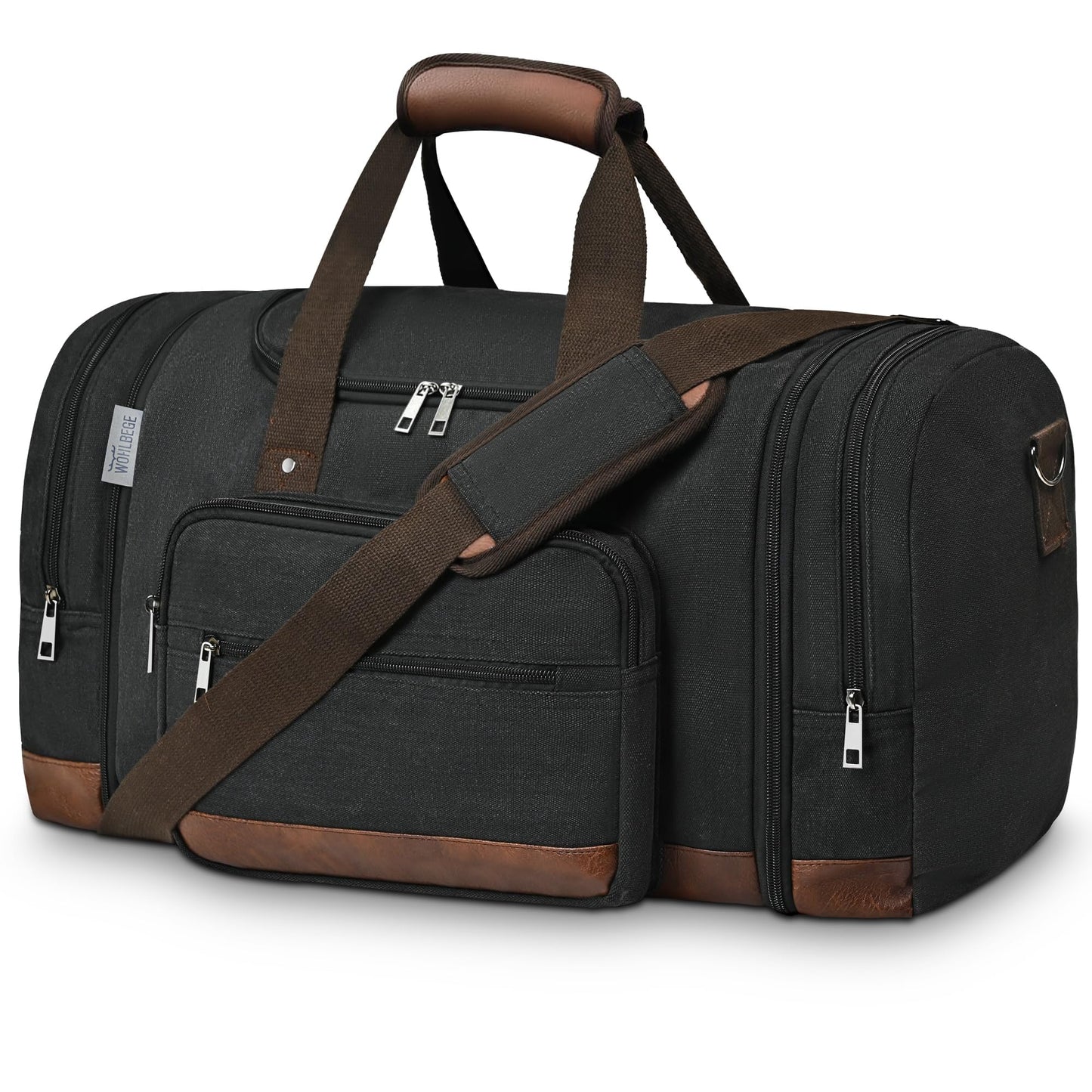 Wohlbege Duffle Bag for Travel,Overnight Weekend Gym Carry On Luggage Bag, 50L Canvas Travel Duffel Bag for Men Women, Expandable Spacious Travel Duffel Bag, Black