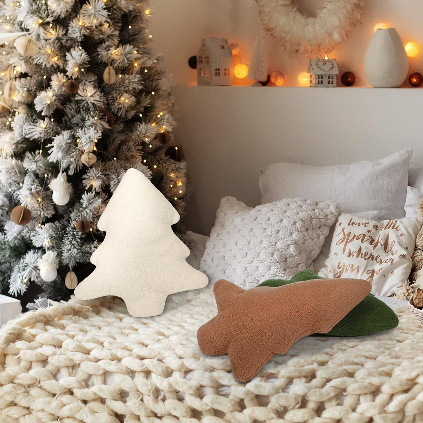 Anglechic 3 Pcs Christmas Pillows Neutral Christmas Tree Decorative Throw Pillows Xmas Tree Stuffed Wool Pillows Soft Xmas Plush Cushion for Sofa Couch Bedroom Livingroom