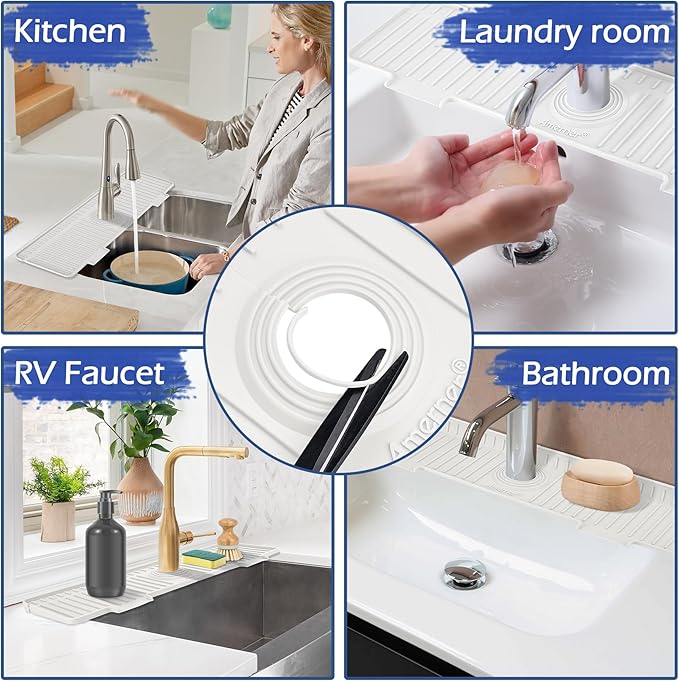 Kitchen Sink Splash Guard, 20IN Longer Silicone Faucet Guard & Draining Mat