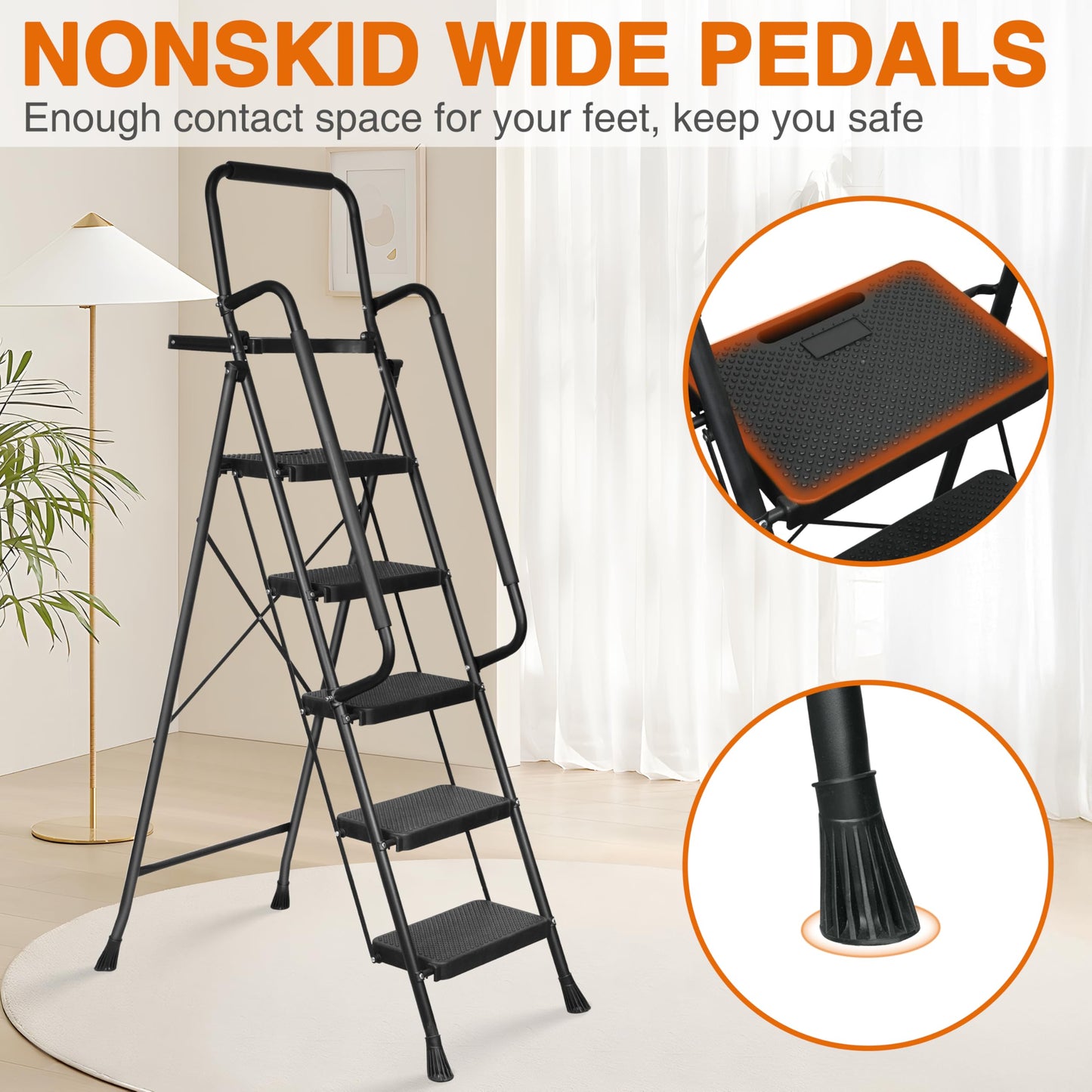 Arbusb Step Ladder, Folding Step Stool with Wide Anti-Slip Pedals, Sturdy Steel Ladder with Handrail, Space-Saving, Portable for Home & Adults, 5 Step Ladder