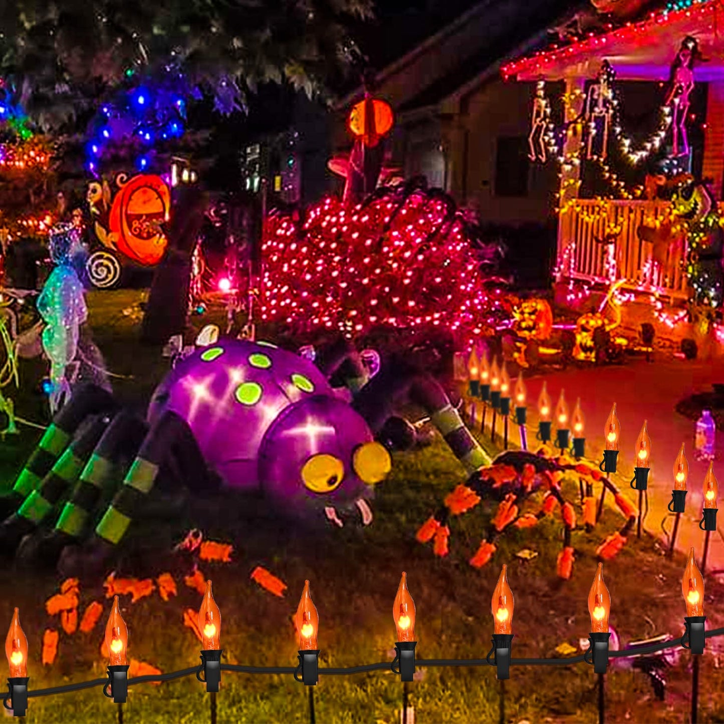 Glowzy Halloween Lights Flickering Flame String Lights with 12 Pack C7 Orange Flame Light Bulbs (2 Spare), 12.8Ft Orange Flame String Lights for Indoor Outdoor Home Party Yard Halloween Decorations