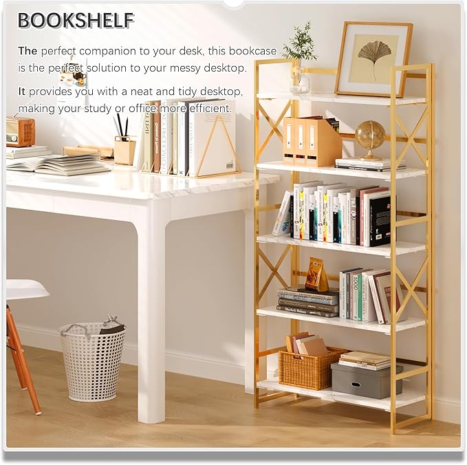 4NM 5 Tiers No Assembly Book Shelves, 51.2" H Folding Bookshelf Bookcase Open