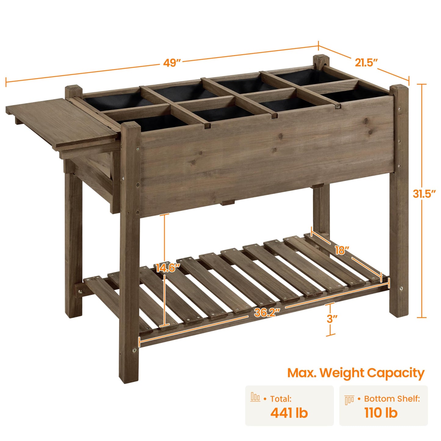 Yaheetech 49x22x32in 8 Pockets Horticulture Raised Garden Bed Elevated Wood Planter Box Stand with Foldable Side Table and Storage Shelf for Herb/Vegetables/Flowers