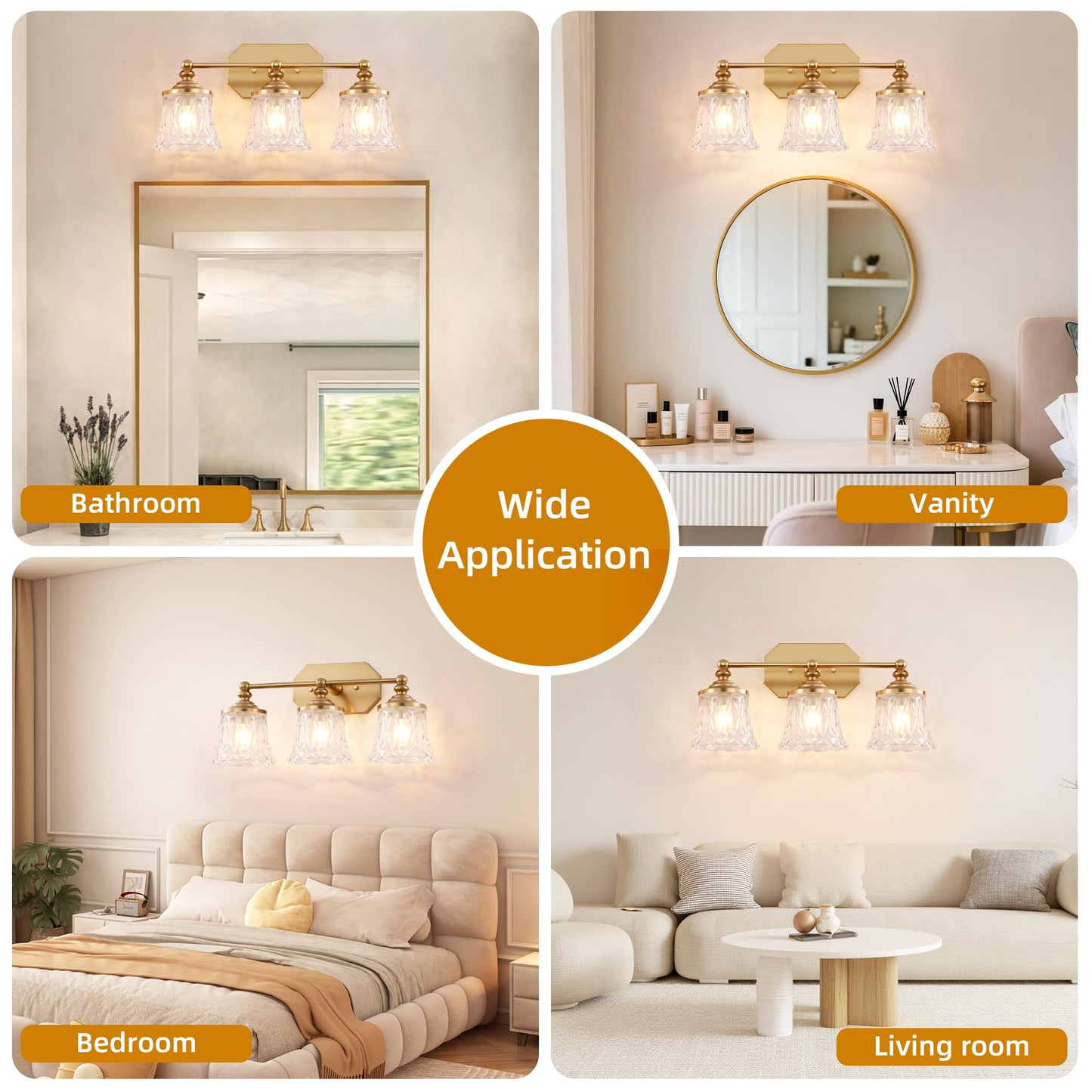 EvmVom Vintage Bathroom Vanity Light Fixtures, Gold 3-Light Vanity Light, Antique Bathroom Lighting Fixtures Over Mirror with Crystal Glass Shade, Vanity Lights for Bedroom Living Room Hallway