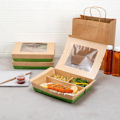 Restaurantware Paper Bento Box 100 Count 78 Ounces Paper Lunch Container Kraft Food Box, Greaseproof Disposable Three Compartment Meal Prep Box with Transparent PLA window
