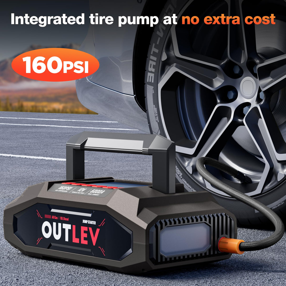 OUTLEV Jump Starter with Air Compressor for All Gas & 10.0L Diesel Engines, 6000A Jump Starter Battery Pack, Portable Power Bank, Safety Protection, Self-Driving Tour Essential