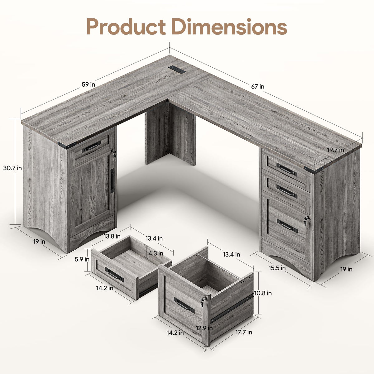 Decofy L Shaped Farmhouse Executive Desk with Drawers, 67" Home Office Desks with Fast Charging Station, Lockable File Cabinet, Wood Writing Computer Desk for Work, Study, Grey