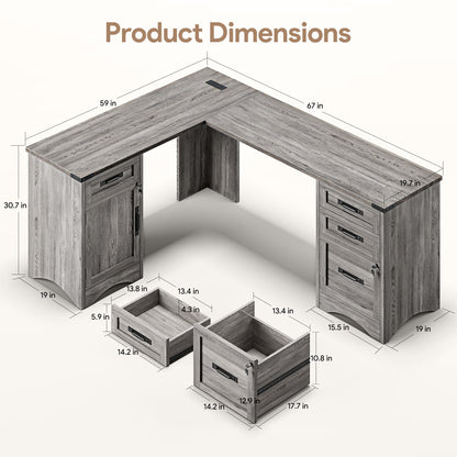 Decofy L Shaped Farmhouse Executive Desk with Drawers, 67" Home Office Desks with Fast Charging Station, Lockable File Cabinet, Wood Writing Computer Desk for Work, Study, Grey