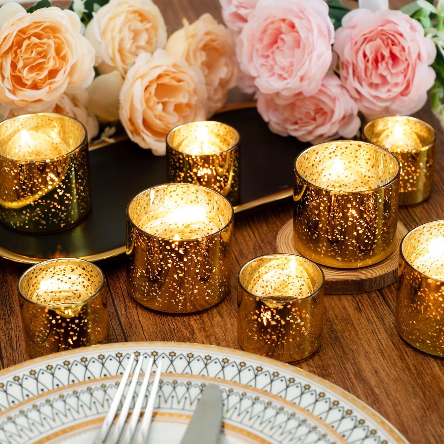 FrutPunch 12-Piece Gold Candle Holders, Speckled Mercury Gold Votive Candle Holders, Two Models, Suitable for Wedding Table Centerpieces, Party Decorations and Home Decor