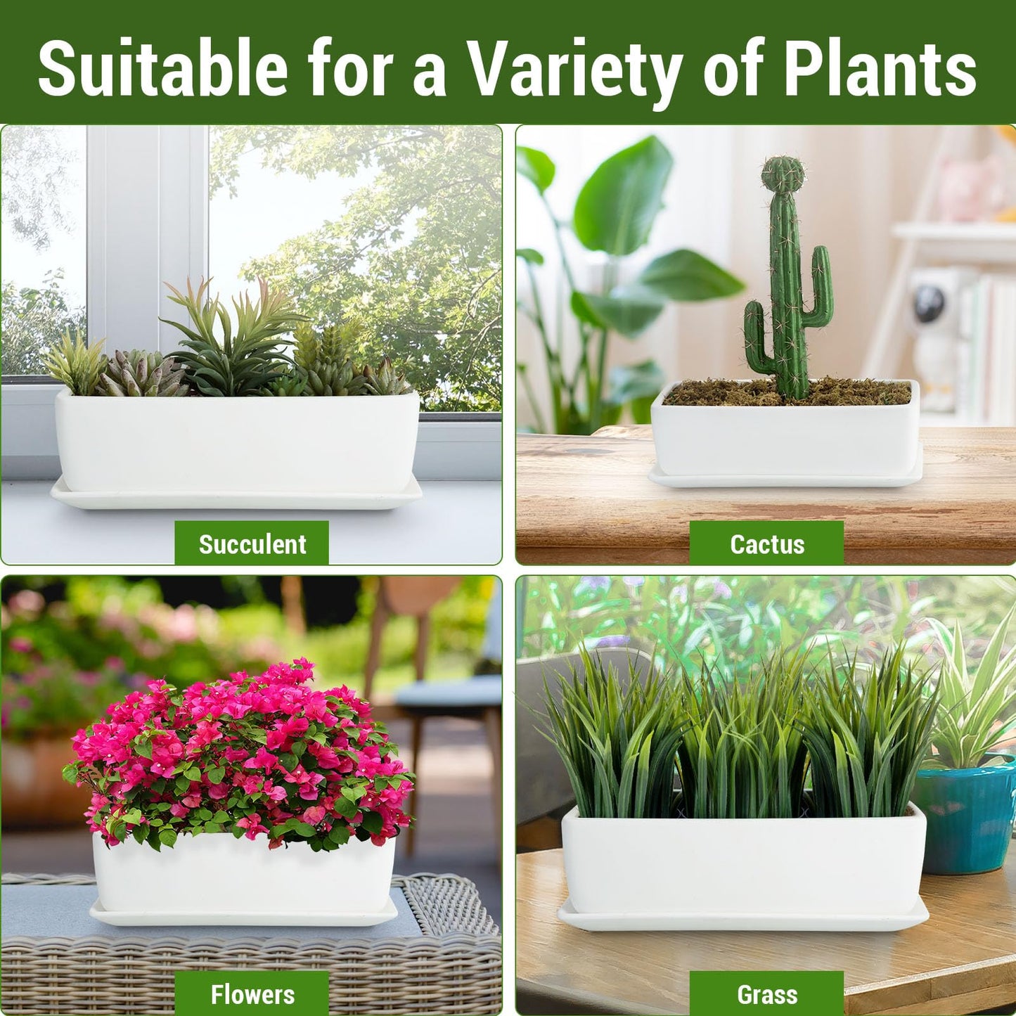 MyGift 14 Inch Ceramic Indoor Plant Pot with Drainage Hole, Rectangular Succulent Planter Window Box with Removable Saucer, Unglazed White