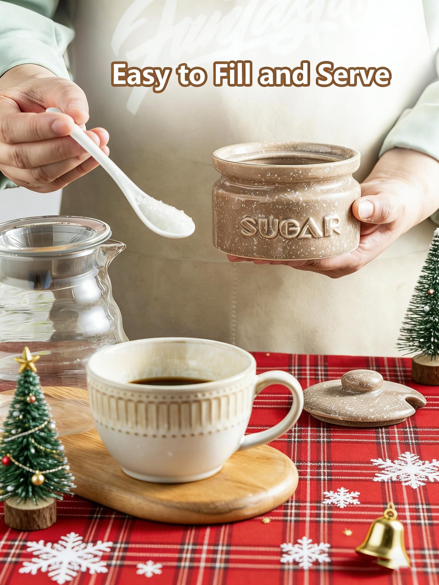 Gomakren Sugar Bowl with Lid and Spoon, Sugar Container Sugar Dish 10oz, Ceramic Sugar Jar for Coffee Bar, Kitchen, Countertop - Father's Day Modern Farmhouse Kitchen Decor, Brown