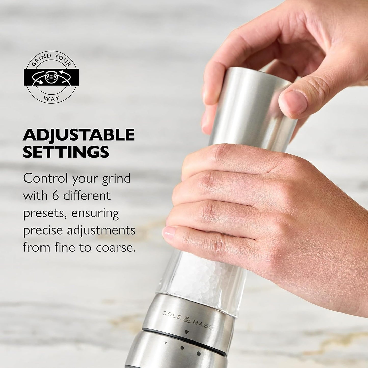 COLE & MASON Derwent Salt Grinder - Stainless Steel Mill Includes Gourmet Precision Mechanism and Premium Sea Salt