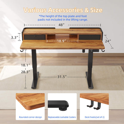 YIHAYO Low Height Adjustable Desk with Drawers, Lifts 18.1-28.3 Inches, Electric Standing Desk with Storage Shelf for short people, 48 x 24 Inches Table with Splice Board for Home Office, Rustic Brown