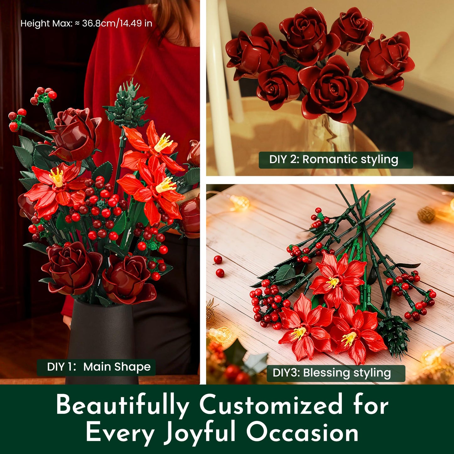 SOOLIO Mothers Day Rose Flower Bouquet Building Set for Adults, Gifts for Mom Wife Women Couple Girlfriend - Buildable Artificial Floral Botanical Decor for Table Centerpiece Desk Office(917 Pcs)