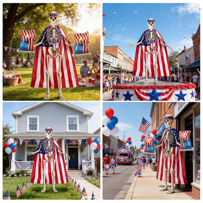 DECYOOL 4th of July 12ft Skeleton Cloth Set USA Flag Costume Patriotic Skeleton Outfits Accessories Cape Headband Balloon Scarf Flag Banner for Garden Lawn Patio Independence Day Decor