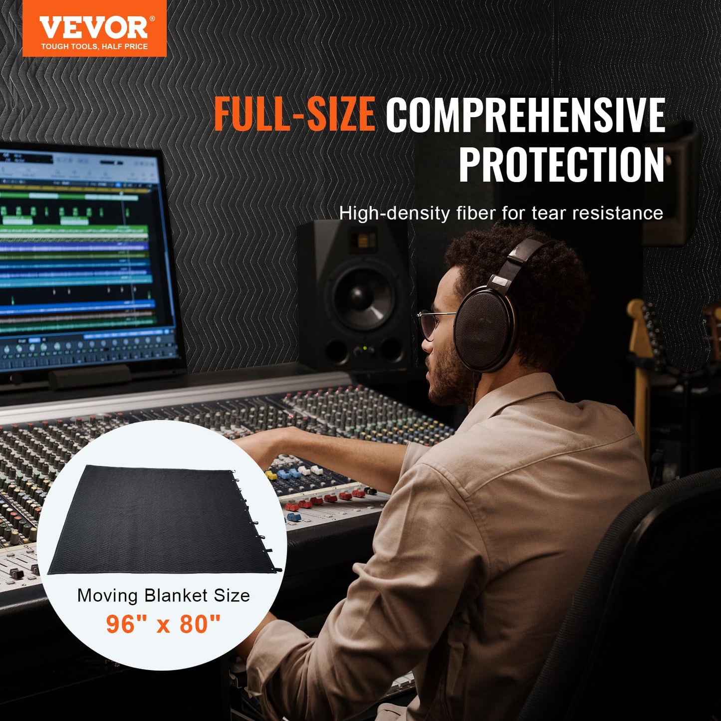 VEVOR Sound Dampening Blanket, 96" x 80", Extra Large Studio Grommeted Blanket with Grommets, Light Blocker for Door Acoustic Noise Blocking Blanket Studio Sound Absorption Sheet, Black