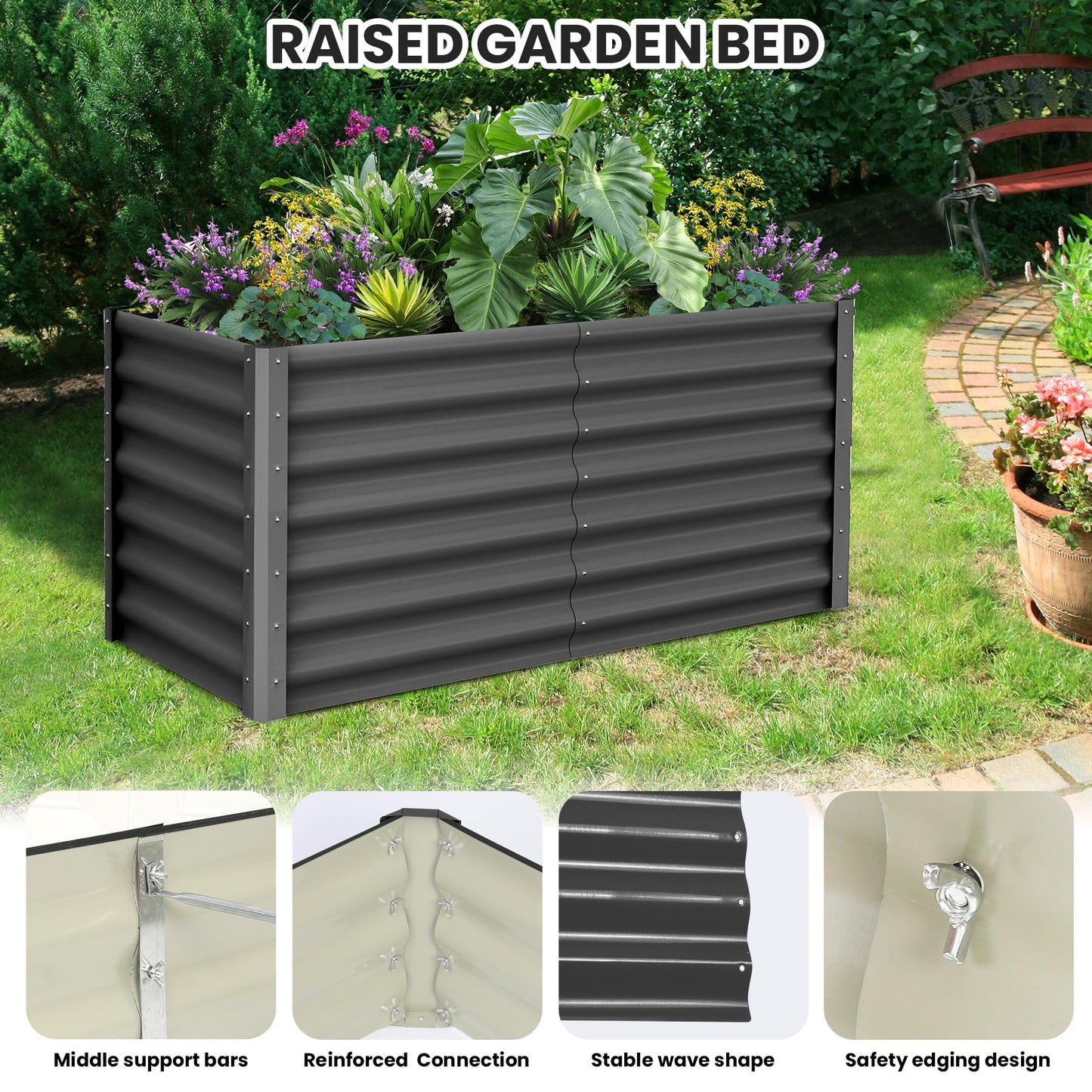GarveeHome 6 * 3 * 2FT Raised Garden Bed Kit, Galvanized Raised Garden Beds Outdoor for Gardening, Above Planter Boxes, Large Garden Bed for Vegetables, Fruits, Dark Grey, 2 Pcs
