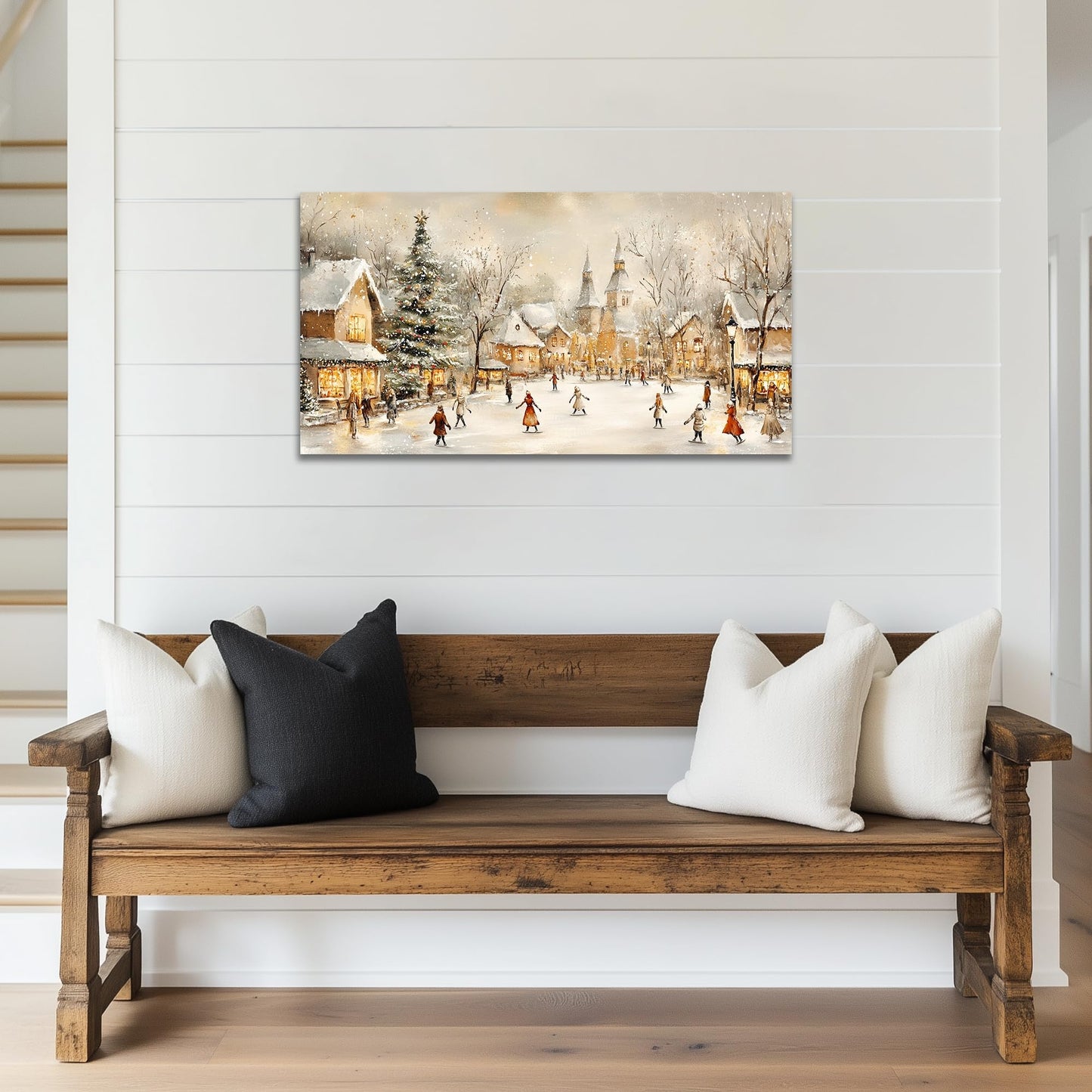 GUTTATY Christmas Village Santa Canvas Wall Art, Winter Snow Scene Canvas Wall Decor, Festive Christmas Poster, Warm White Hanging Painting Prints for Living Room, Hallway, 32x16 Inch