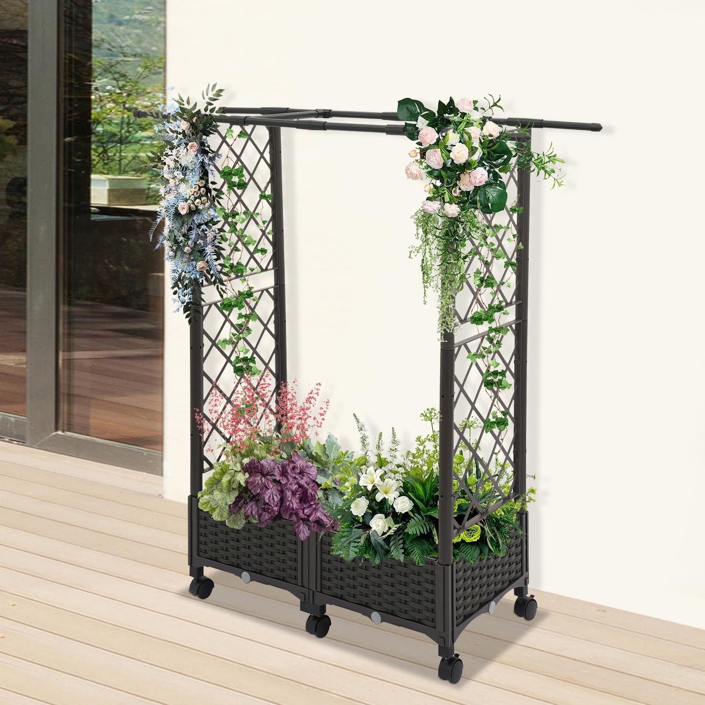 Tapischion Planter Garden Box with Trellis, 6 Wheels & Hanging Rods - 80cm Large Vertical Gardening Box for Balcony, Patio, Outdoor Brown