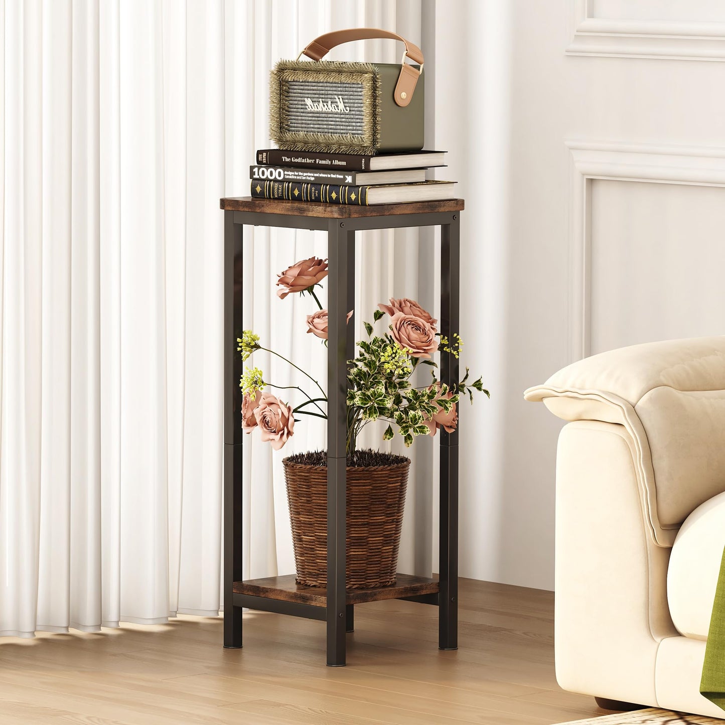 Homeiju 2-Pack Plant Stand Indoor, 2 Tier Wood Corner Plant Stand, Modern Square Plant Shelf Flower Stand for Living Room Patio Balcony Garden, Rustic Brown